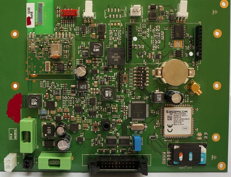 Motherboard with GPRS, battery, solar charger, LCD driver..